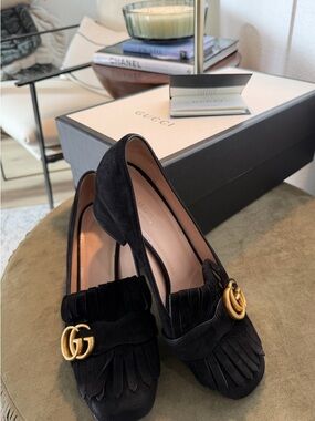 Gucci Black Suede Fringe Heeled Loafers with Gold Double G Accent